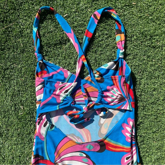 BCBG MAXAZRIA Blue Tropical Floral Asymmetrical Y2K Dress Size XS - Picture 6 of 7